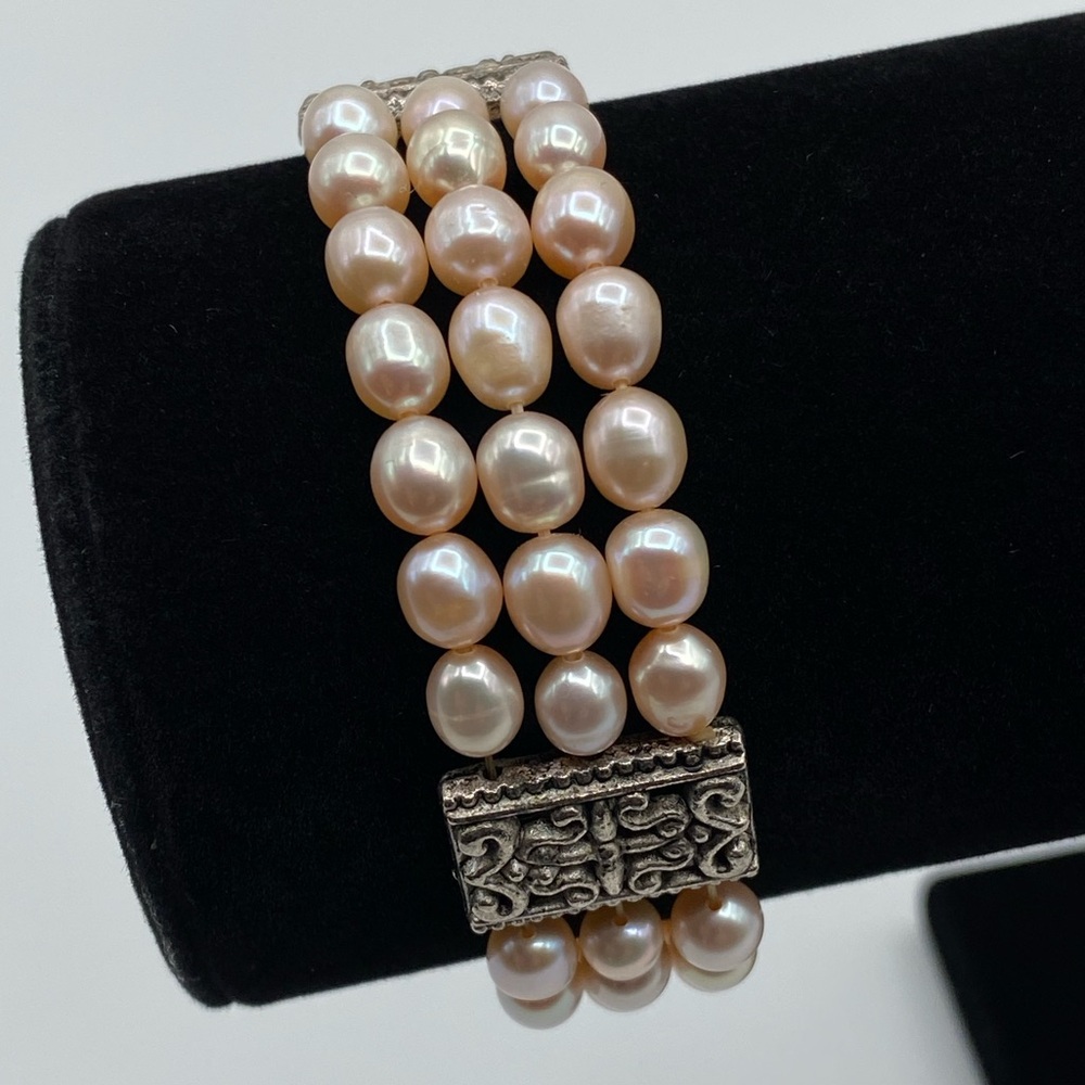 Freshwater Pearl Bracelet Three Strands with Silver Tone Accents Salmon Color
